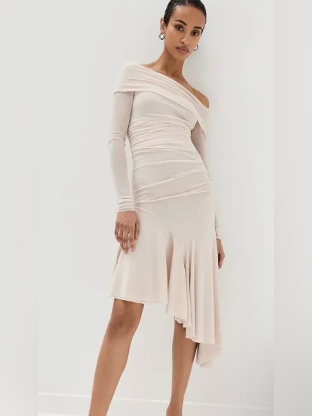 Off-Shoulder Ruched Asymmetric Hem Dress in Cream